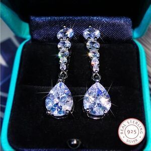 925 Diamond CZ Dangle Drop Luxury Bridal Wedding  Sterling Silver Earrin…